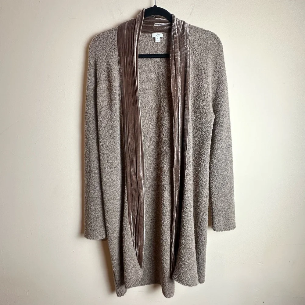 J. Jill Velvet Trim Merino Wool Silk Blend Brown Cardigan Duster Size Medium - Picture 16 of 16